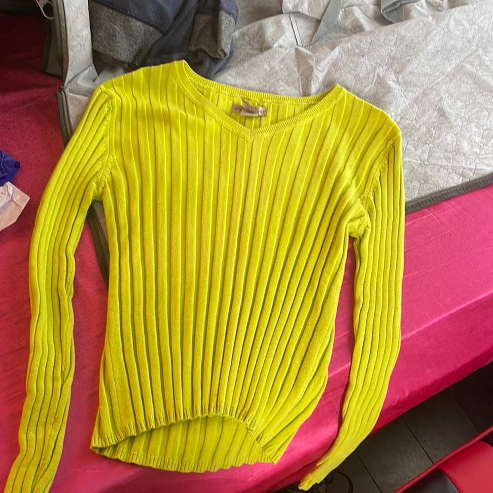 a short v neck like green sweater